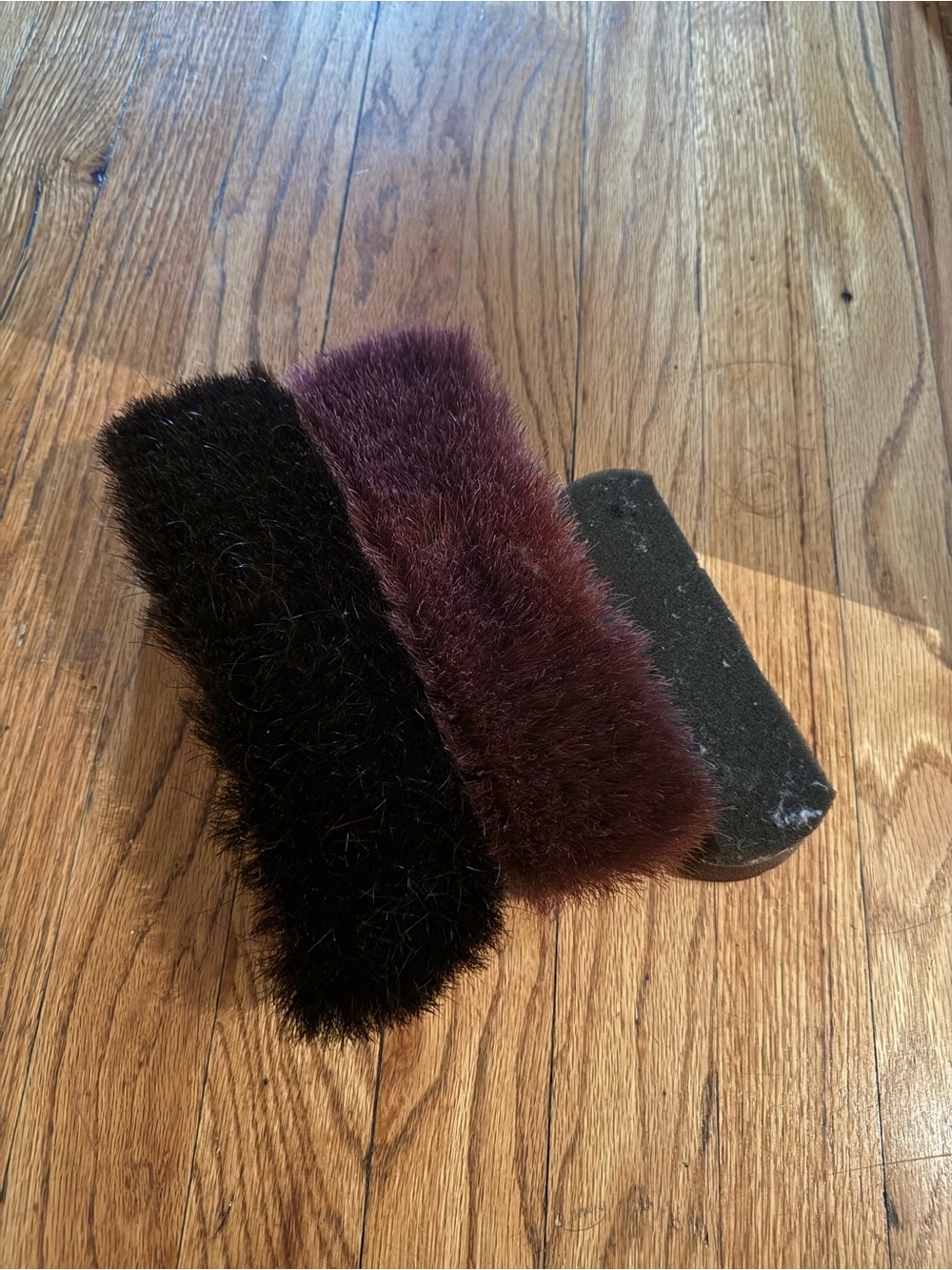 3 vintage shoe brushes with black, burgundy, and dark gray bristles #shoeshine